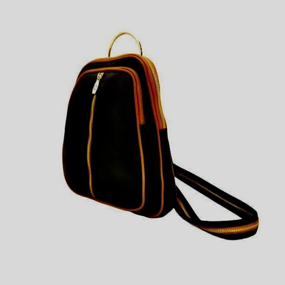 Valentina Italy Genuine Pebble Leather Convertible Backpack - Black/Tan - Picture 4 of 15